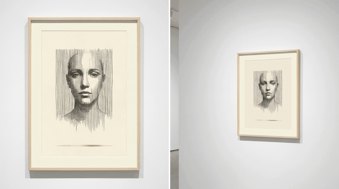 A vertical line portrait by Bita Zola — a face formed from fine vertical ink lines showing the Distance Effect.