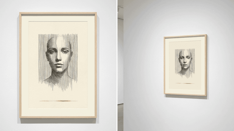 A vertical line portrait by Bita Zola — a face formed from fine vertical ink lines showing the Distance Effect.